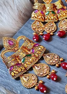 Gold Plated - Green and Magenta Long Necklace